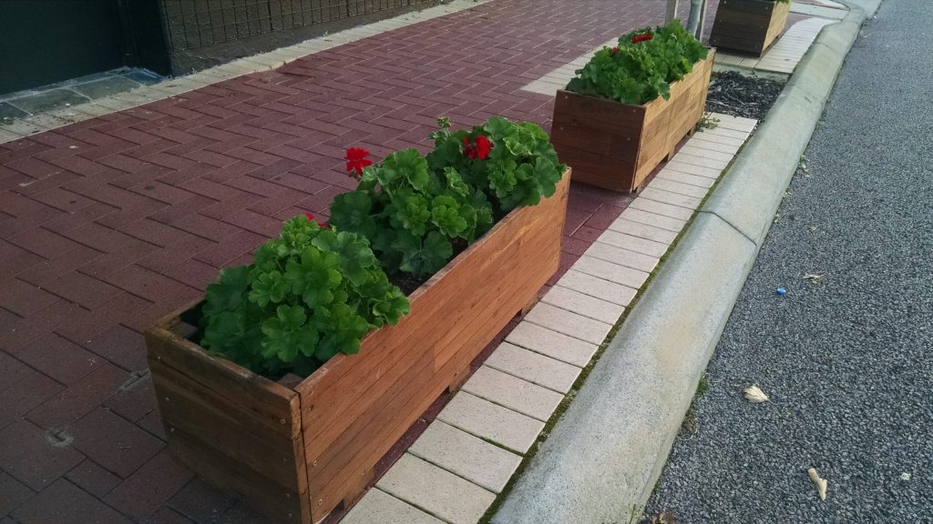 Photo of planter boxes on street verge filled with plants.